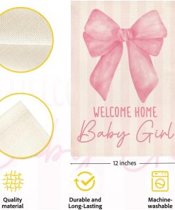 Alternative view of Welcome Home Baby Girl Garden Flag for Yard Outside Pink Bow Baby Shower Announcement Gender Reveal Newborn Baby Double Sided Garden Flag 12 x18 inches