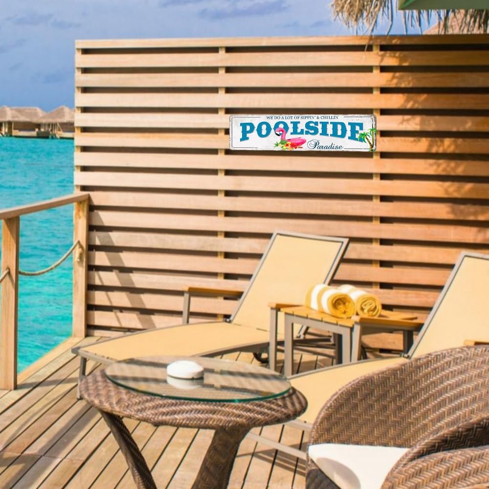 Outdoor Pool Decor Pool Sign Poolside Paradise Rustic Looking Tin Metal Signs Outdoor Patio Signs Outdoor Bar Decor Outdoor Patio Signs Backyard Outside Pool Deck Decorations 4x16Inches - Image 4