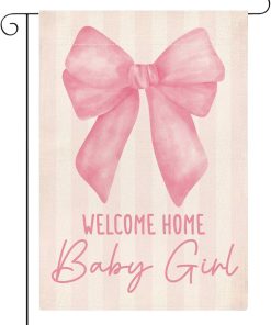 Welcome Home Baby Girl Garden Flag for Yard Outside Pink Bow Baby Shower Announcement Gender Reveal Newborn Baby Double Sided Garden Flag 12 x18 inches