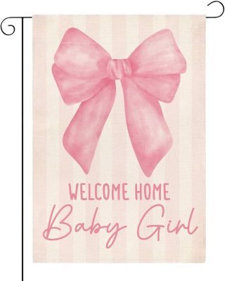 Welcome Home Baby Girl Garden Flag for Yard Outside Pink Bow Baby Shower Announcement Gender Reveal Newborn Baby Double Sided Garden Flag 12 x18 inches