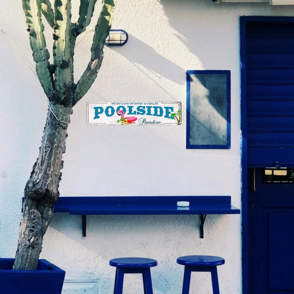 Outdoor Pool Decor Pool Sign Poolside Paradise Rustic Looking Tin Metal Signs Outdoor Patio Signs Outdoor Bar Decor Outdoor Patio Signs Backyard Outside Pool Deck Decorations 4x16Inches - Image 7