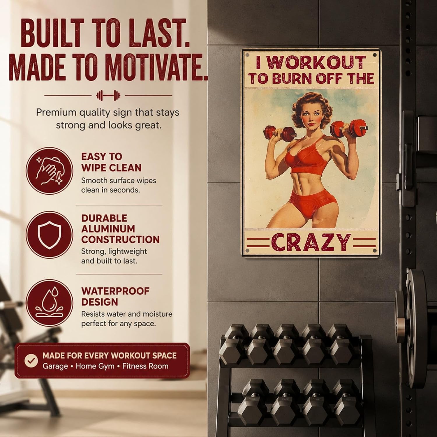 Home Gym Decor Metal Sign, Motivational Gym Wall Art for Women's Workout Room, I Workout to Burn Off The Crazy, 12 x 8 Inch - Image 5