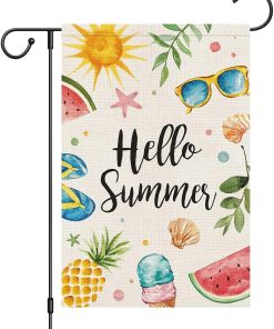 Hello Summer Garden Flag 12x18 Inch Double Sided Vertical, Small Burlap Colorful Sun Ice Cream Fruits Beach Sign Yard Outdoor Decoration