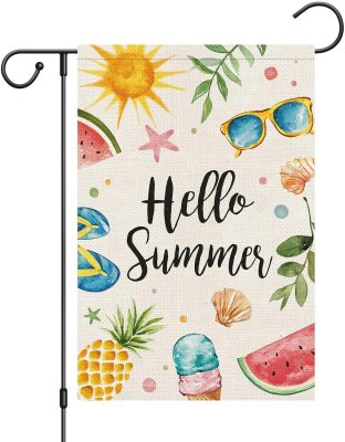 Hello Summer Garden Flag 12x18 Inch Double Sided Vertical, Small Burlap Colorful Sun Ice Cream Fruits Beach Sign Yard Outdoor Decoration