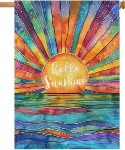 Hello Sunshine House Flag 28x40 Inch Double Sided Outside, Stained Glass Style Sunrise Large Yard Flag for Summer Party Holiday Outdoor Decoration