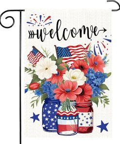 Patriotic garden flag 12x18 Vertical Double Sided Patriotic Mason Jar Flowers Burlap Yard Flag Red Blue Memorial Day Independence Day Holiday Outside DecorationsHoliday Festivities
