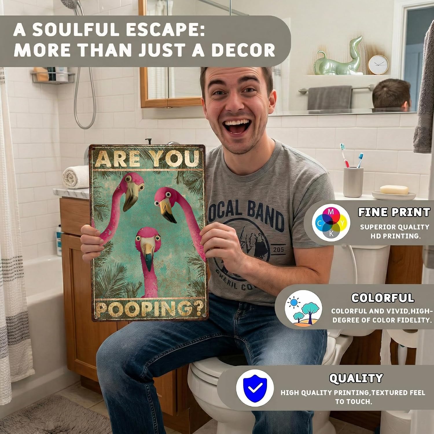 Flamingo Bathroom Decor Metal Tin Sign Funny Wall Art "Are You Pooping" Retro Poster for Guests and Family Restroom Toilet Washroom Tropical Home 8x12 Inch - Image 3