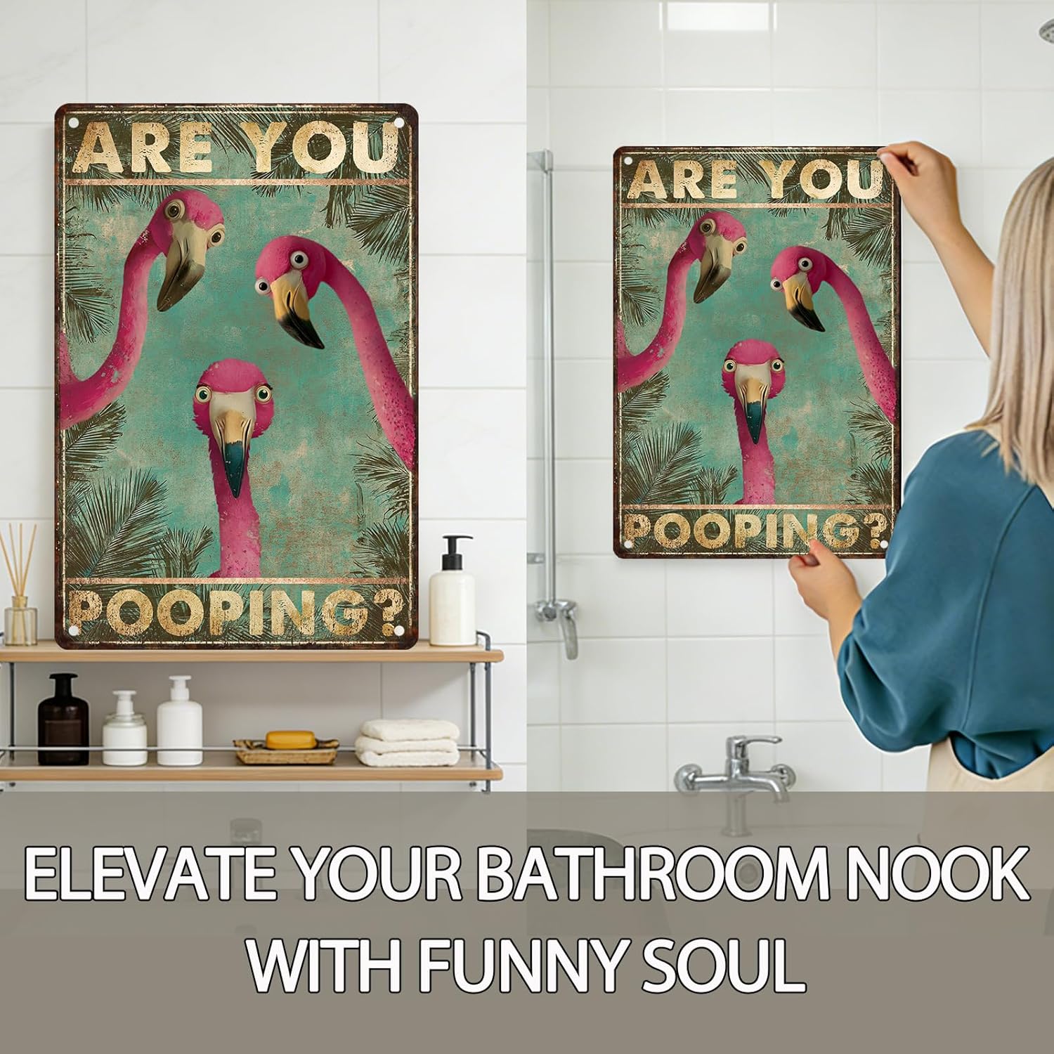Flamingo Bathroom Decor Metal Tin Sign Funny Wall Art "Are You Pooping" Retro Poster for Guests and Family Restroom Toilet Washroom Tropical Home 8x12 Inch - Image 6