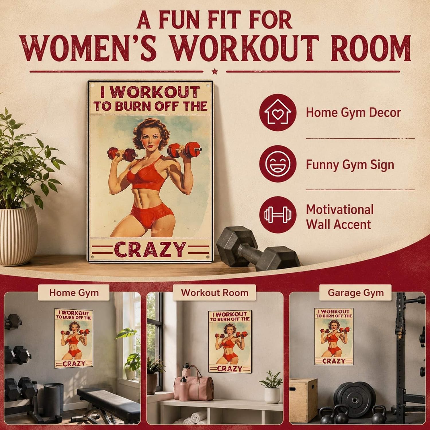 Home Gym Decor Metal Sign, Motivational Gym Wall Art for Women's Workout Room, I Workout to Burn Off The Crazy, 12 x 8 Inch - Image 4