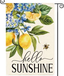 Spring Summer Lemon Hydrangea Welcome Garden Flag 12 x 18 Inch Double Sided, Hello Sunshine Lemon Fruit Floral Farmhouse Burlap Small Yard Flag Seasonal Holiday Outdoor Outside Decoration