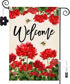 Spring Summer Geranium Welcome Garden Flag Double Sided Summer Bee Red Floral Small Burlap Yard Flag House Seasonal Farmhouse Outside Outdoor Decoration 12.5 x 18 Inch