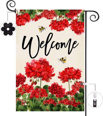 Spring Summer Geranium Welcome Garden Flag Double Sided Summer Bee Red Floral Small Burlap Yard Flag House Seasonal Farmhouse Outside Outdoor Decoration 12.5 x 18 Inch