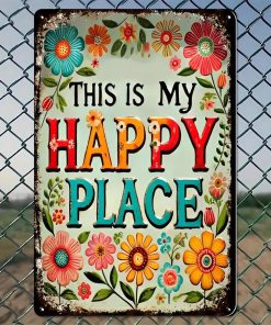 Floral Happy Place Sign Rustic Aluminum Wall Art & Metal Tin Sign - 8x12in Vintage Gift Perfect Size Indoor Outdoor Decor for Home, Office, Cafe, Yard & Garden
