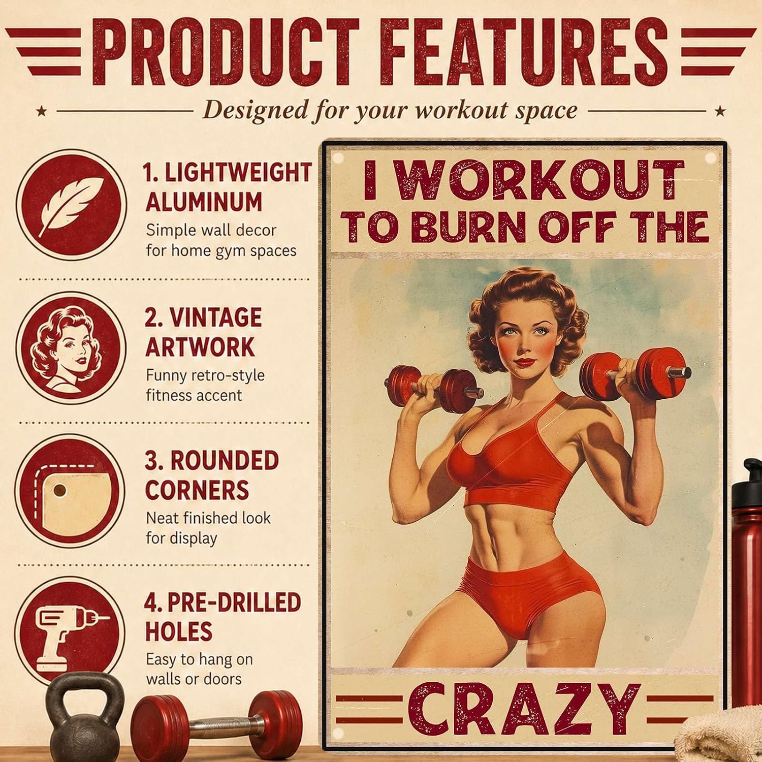 Home Gym Decor Metal Sign, Motivational Gym Wall Art for Women's Workout Room, I Workout to Burn Off The Crazy, 12 x 8 Inch - Image 3