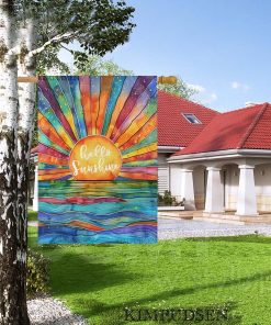 Alternative view of Hello Sunshine House Flag 28x40 Inch Double Sided Outside, Stained Glass Style Sunrise Large Yard Flag for Summer Party Holiday Outdoor Decoration