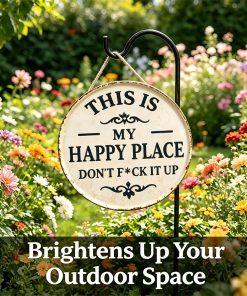 Alternative view of Funny Garden Metal Sign - "This Is My Happy Place Don't F*c* It Up" Vintage Outdoor Decor, 12" Round Tin Sign for Home, Farm, Bar & Patio, Aesthetic Wall Art Welcome Sign, Hilarious Gift for Gardeners