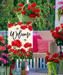Alternative view of Spring Summer Geranium Welcome Garden Flag Double Sided Summer Bee Red Floral Small Burlap Yard Flag House Seasonal Farmhouse Outside Outdoor Decoration 12.5 x 18 Inch