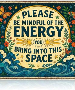 Please Be Mindful of the Energy You Bring Tin Sign – Spiritual Wall Decor for Home, Yoga Room, or Meditation Space – Retro Metal Wall Art Aesthetic, Positive Energy Tin Sign 8x12 Inch