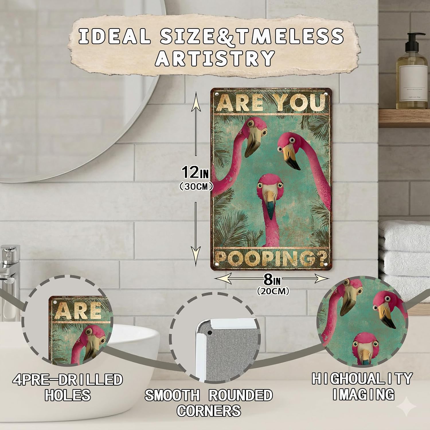 Flamingo Bathroom Decor Metal Tin Sign Funny Wall Art "Are You Pooping" Retro Poster for Guests and Family Restroom Toilet Washroom Tropical Home 8x12 Inch - Image 2