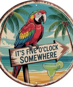 Five O'Clock Somewhere Metal Sign 8x8in Round Bar Plaque for Patio Wall Decor Happy Hour Gift